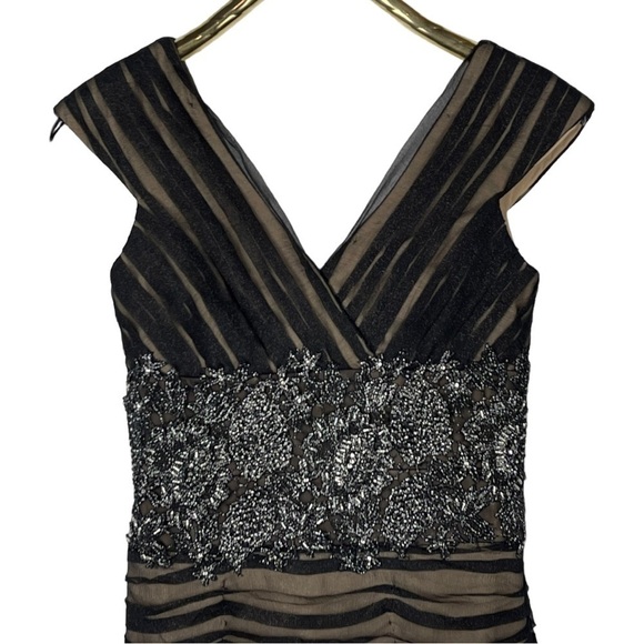 JOVANI V-NECK RUCHED FLORAL LACE BEADED BANDED WAIST ILLUSION SHEATH DRESS - Picture 9 of 16